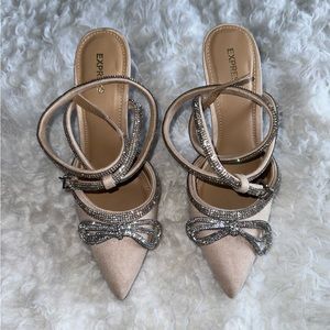 Rhinestone Embellished Bow Heels - Nude (Size 7.5)